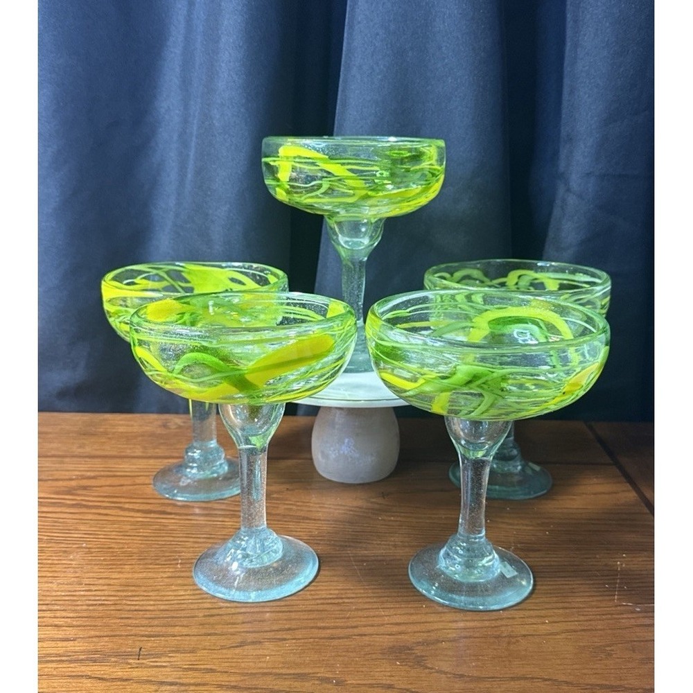 5 Margarita Glasses Hand Blown Recycled Mexican Yellow & Green Drizzle 6.5 "
